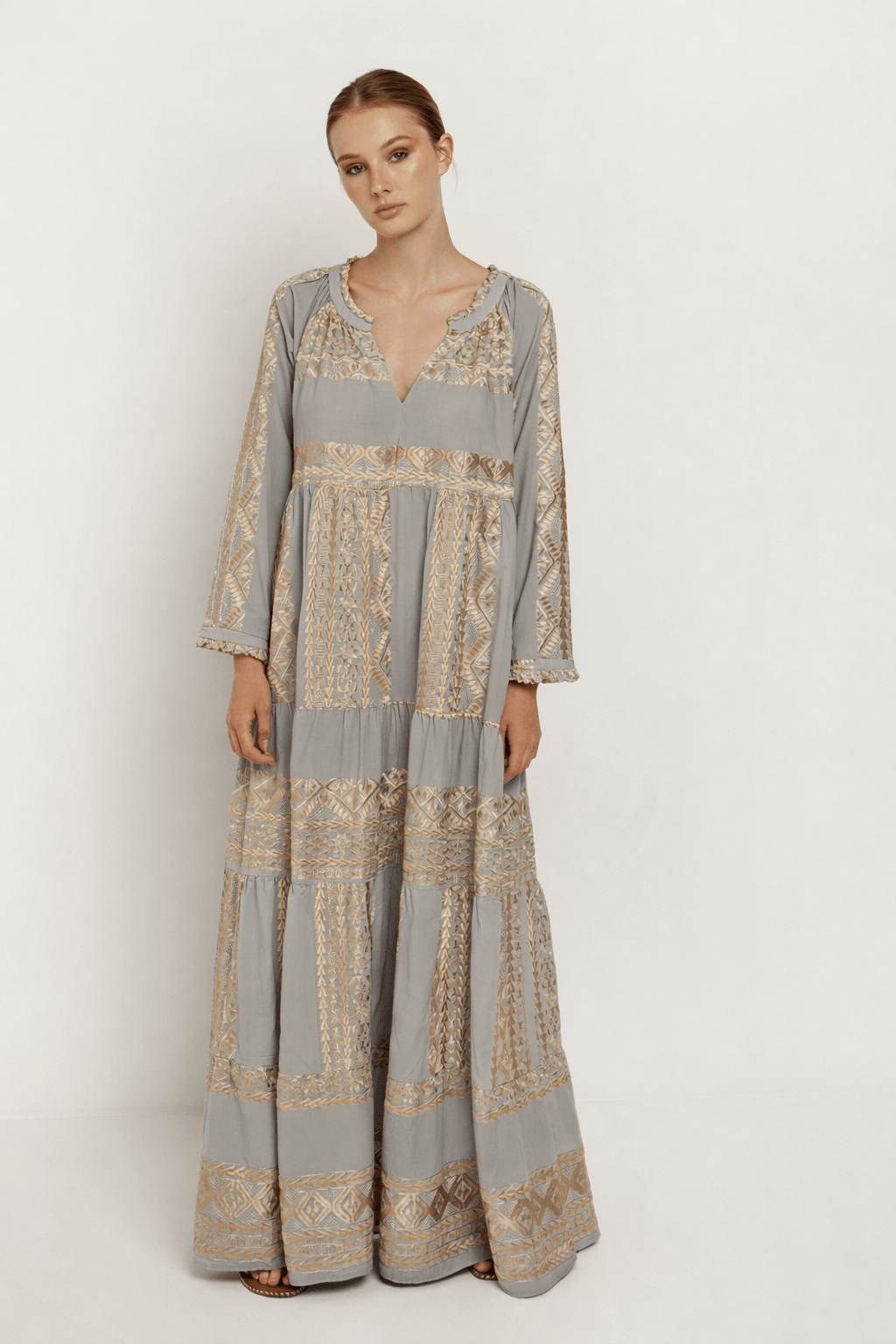 Greek Archaic Kori Cotton Maxi Dress With Sleeves | Stone & Gold. Available at Pasha Living