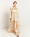 Greek Archaic Kori Cotton Maxi Dress With Sleeves | White & Gold. Available at Pasha Living