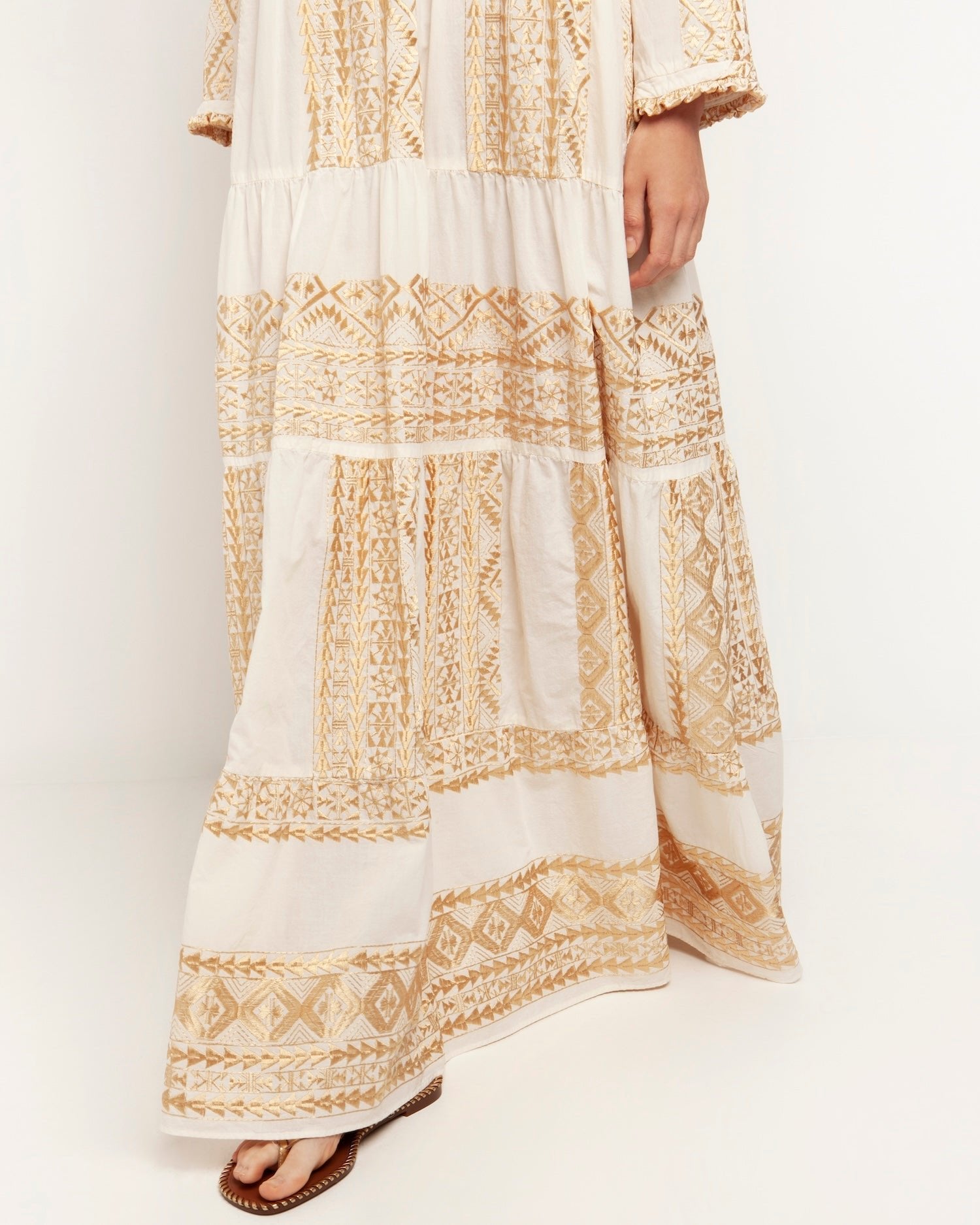 Greek Archaic Kori Cotton Maxi Dress With Sleeves | White & Gold. Available at Pasha Living