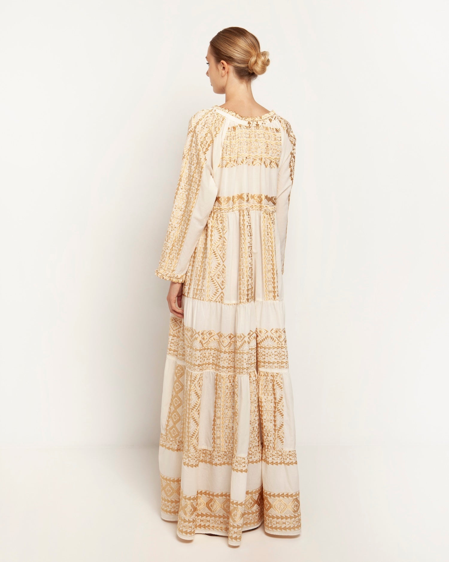Greek Archaic Kori Cotton Maxi Dress With Sleeves | White & Gold. Available at Pasha Living