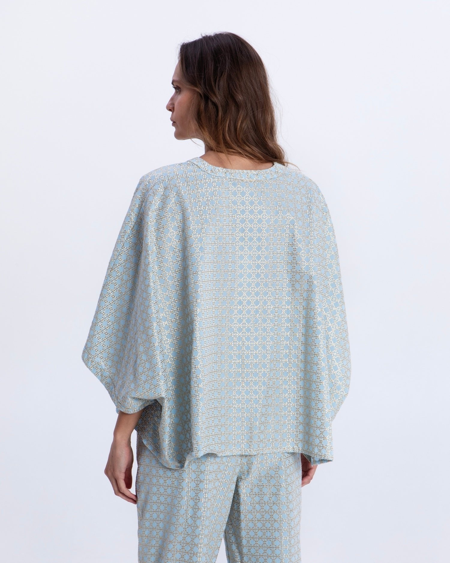 Greek Archaic Kori Cross Tunic | Ciel & Gold. Available at Pasha Living