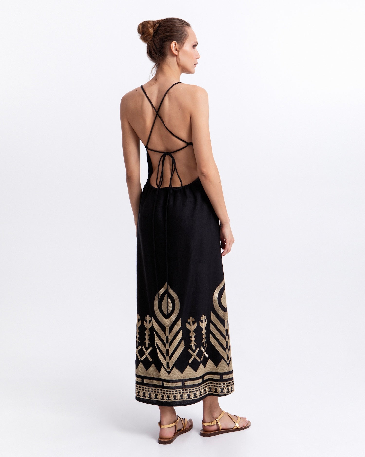 Greek Archaic Kori Feather Cross - Strap Maxi Dress. Available at Pasha Living