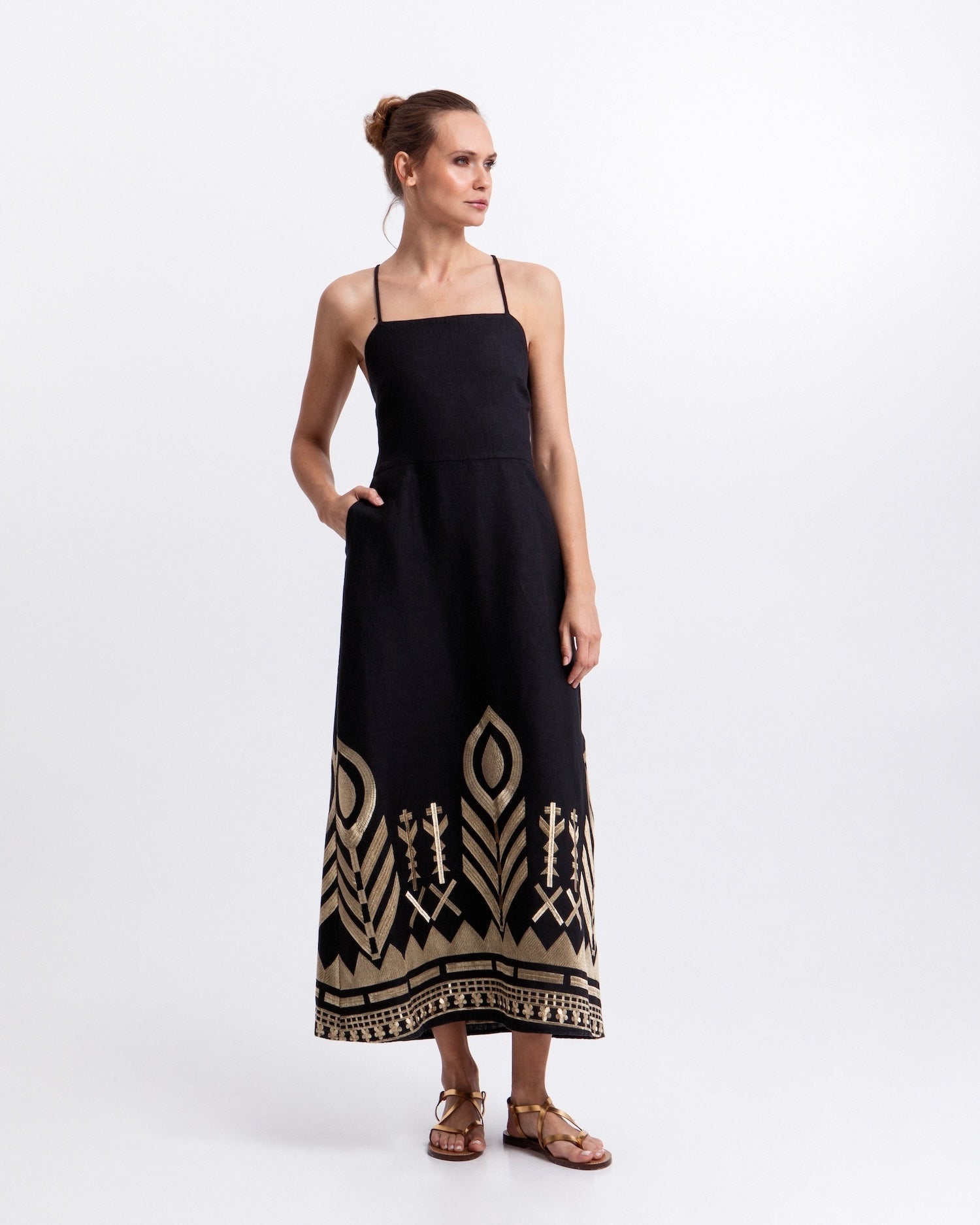 Greek Archaic Kori Feather Cross - Strap Maxi Dress. Available at Pasha Living