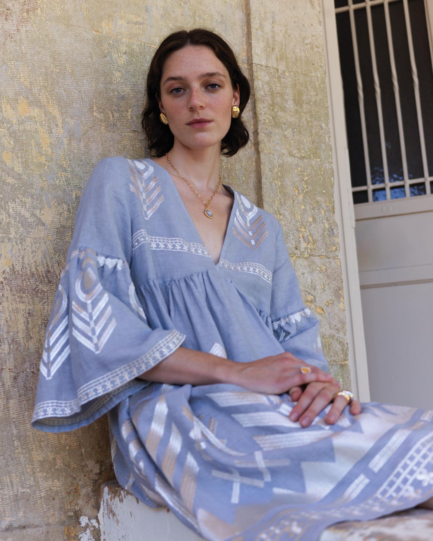 Greek Archaic Kori Grey & Champagne Feather Embroidered Dress - Dress Pasha Living