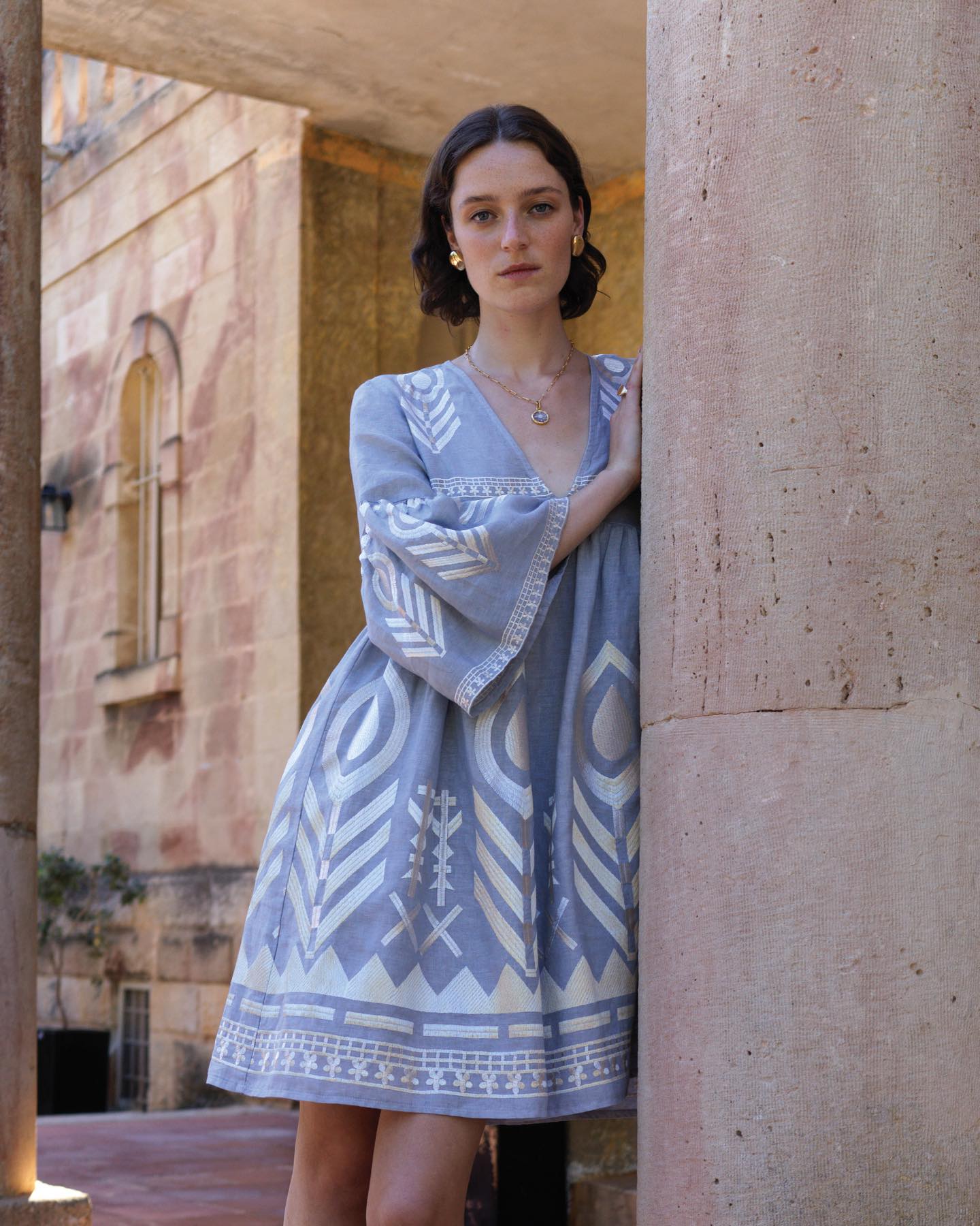 Greek Archaic Kori Grey & Champagne Feather Embroidered Dress - Dress Pasha Living