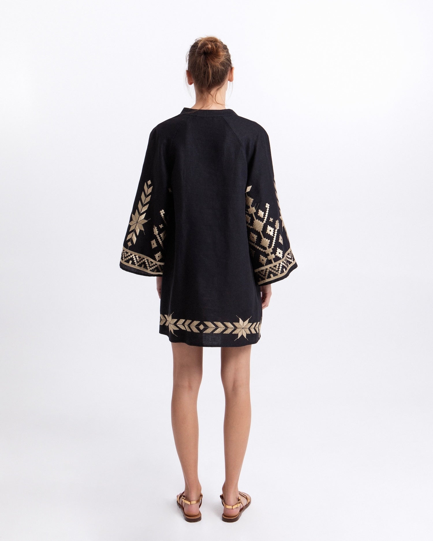 Greek Archaic Kori S26K-2043204 Black Gold Bell Sleeve Linen Dress 1201 XS Greek Archaic Kori S26K-2043204 Black Gold Bell Sleeve Linen Dress 1201 XS