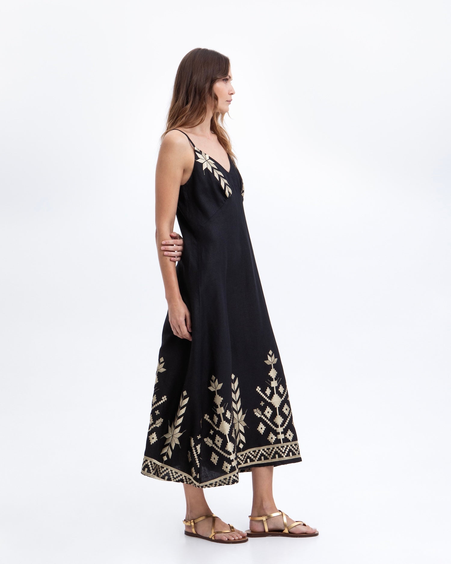 Greek Archaic Kori IOS Strappy Linen Maxi Dress | Black & Gold. Available at Pasha Living