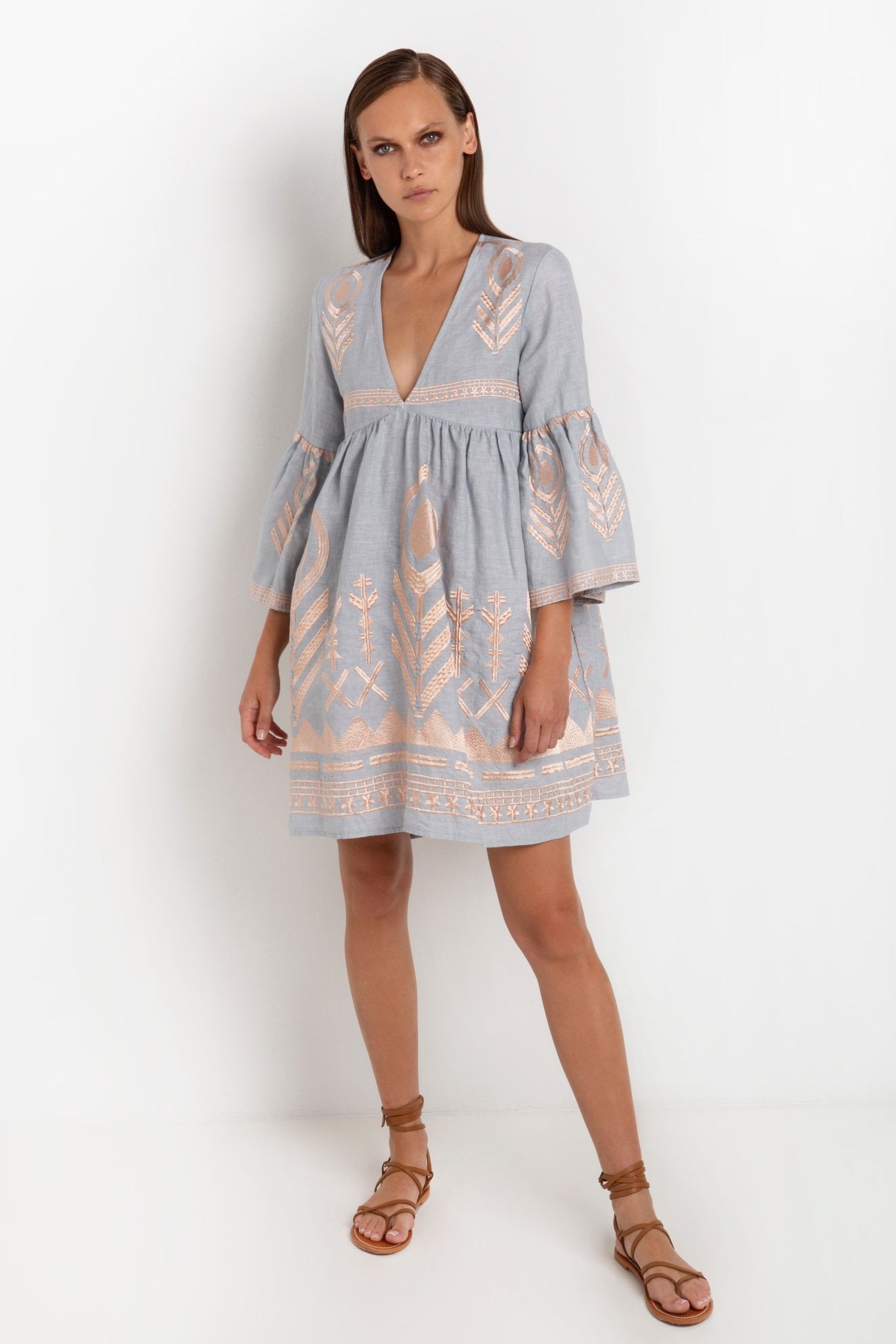 Greek Archaic Kori Kori Grey & Rose Gold Feather Embroidered Dress. Available at Pasha Living