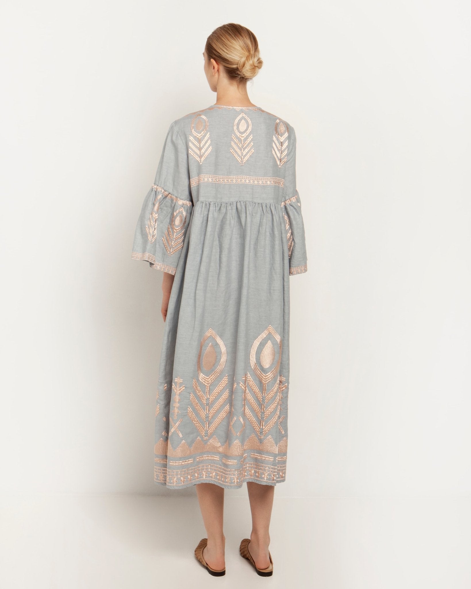 Greek Archaic Kori Kori Midi Linen Dress | Grey & Rose Gold. Available at Pasha Living