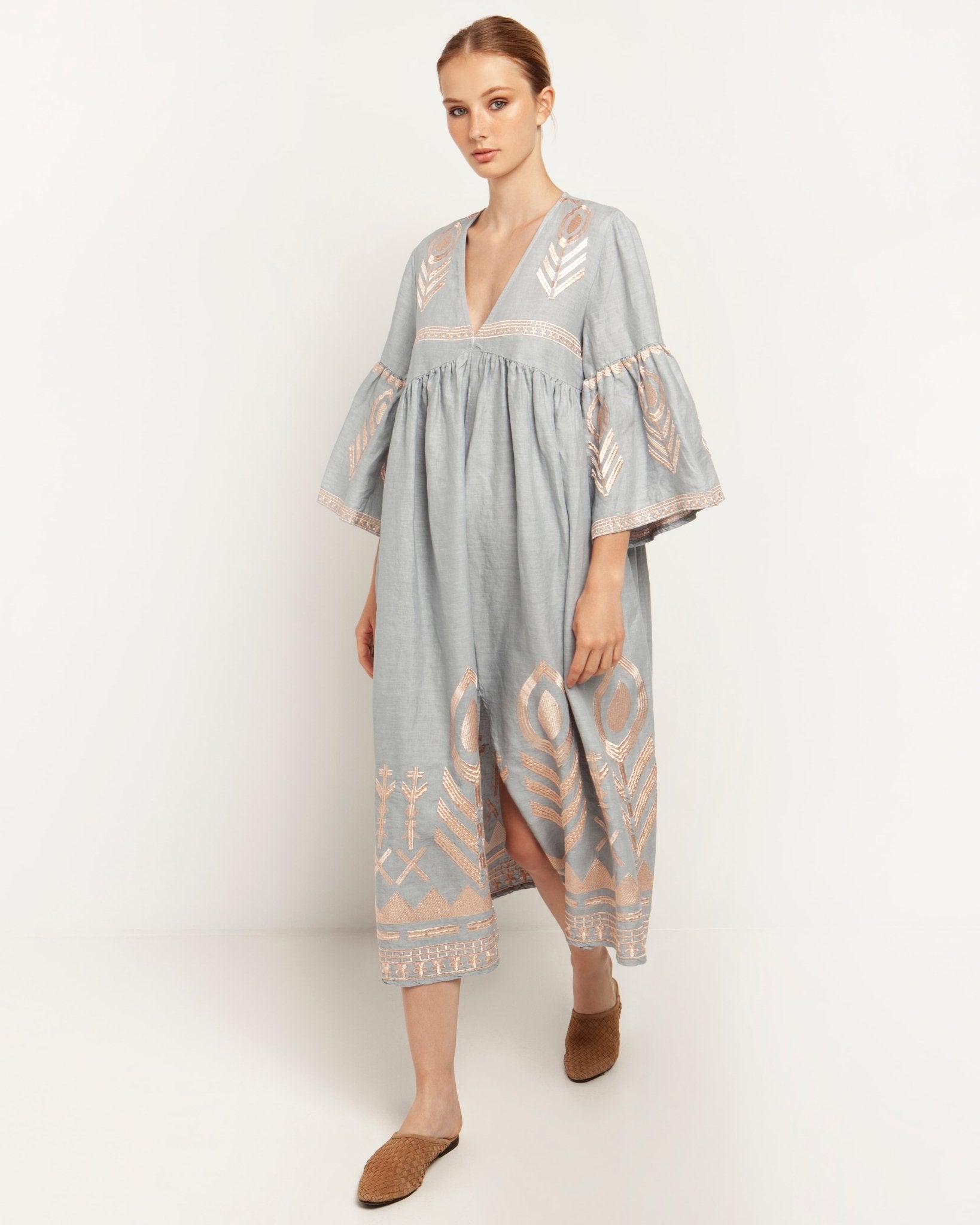 Greek Archaic Kori Kori Midi Linen Dress | Grey & Rose Gold. Available at Pasha Living