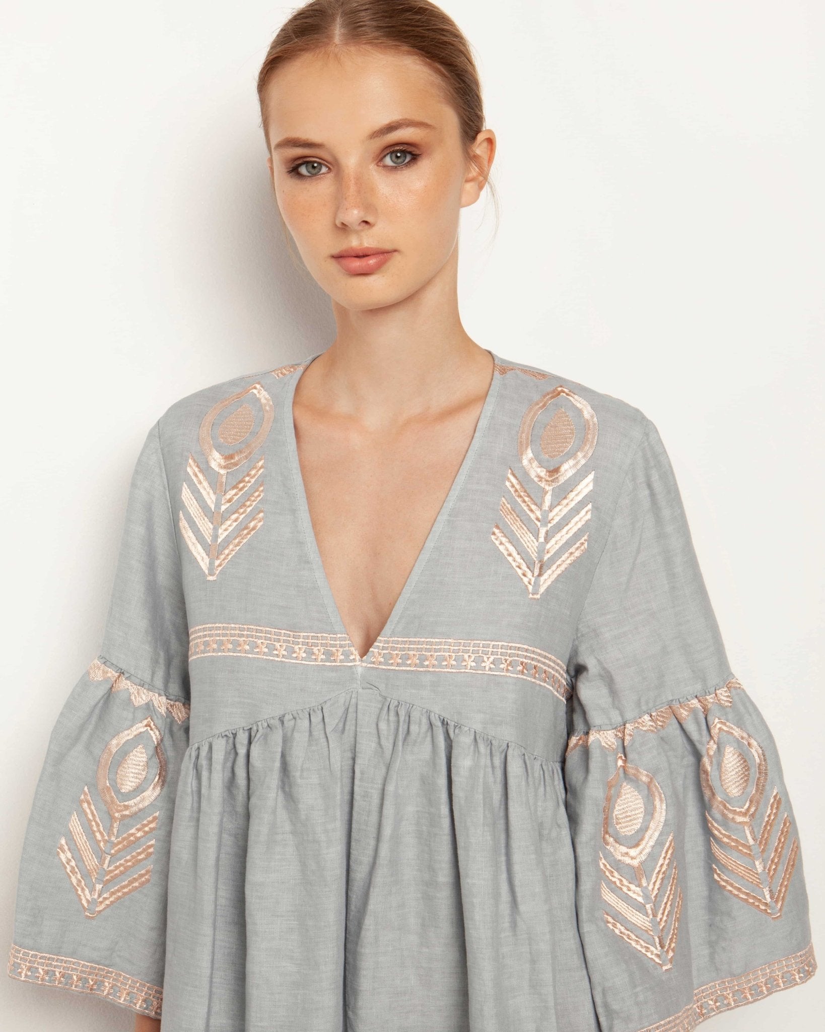 Greek Archaic Kori Kori Midi Linen Dress | Grey & Rose Gold. Available at Pasha Living