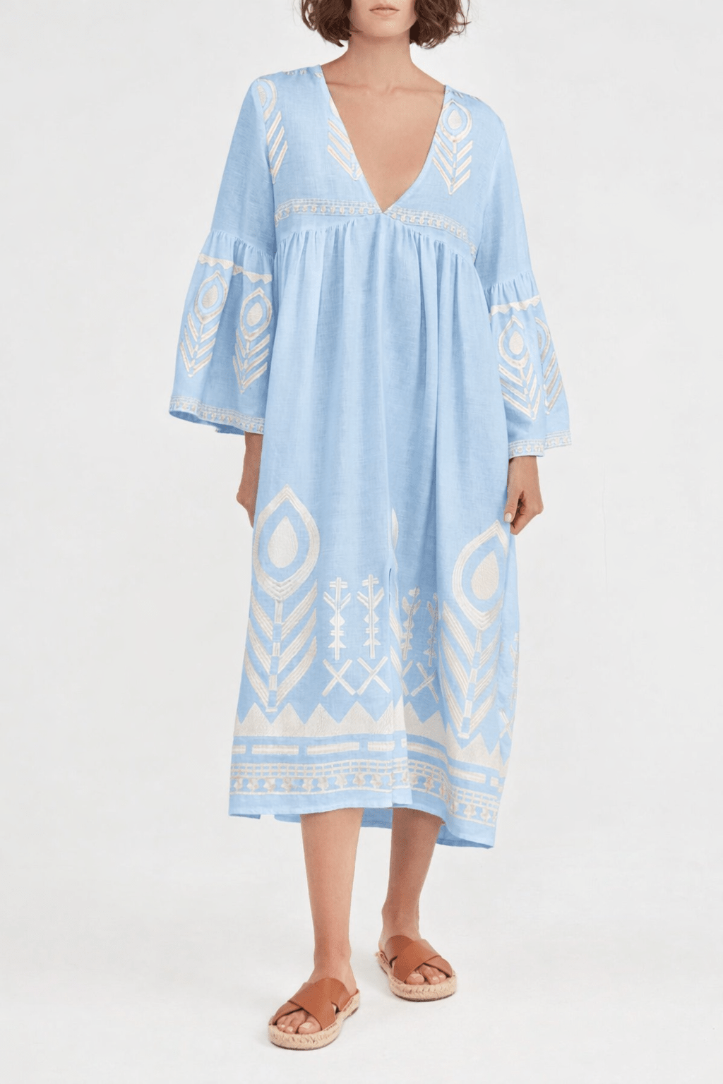 Greek Archaic Kori Midi Linen Dress | Pale Blue & Champagne. Available at Pasha Living