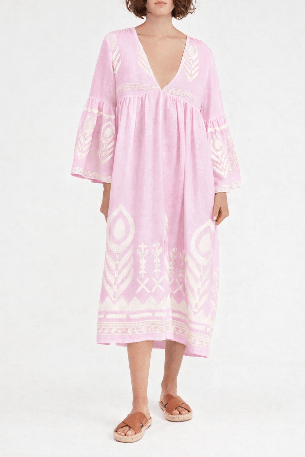 Greek Archaic Kori Midi Linen Dress | Pink & Champagne. Available at Pasha Living