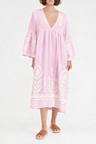 Greek Archaic Kori Midi Linen Dress | Pink & Champagne. Available at Pasha Living