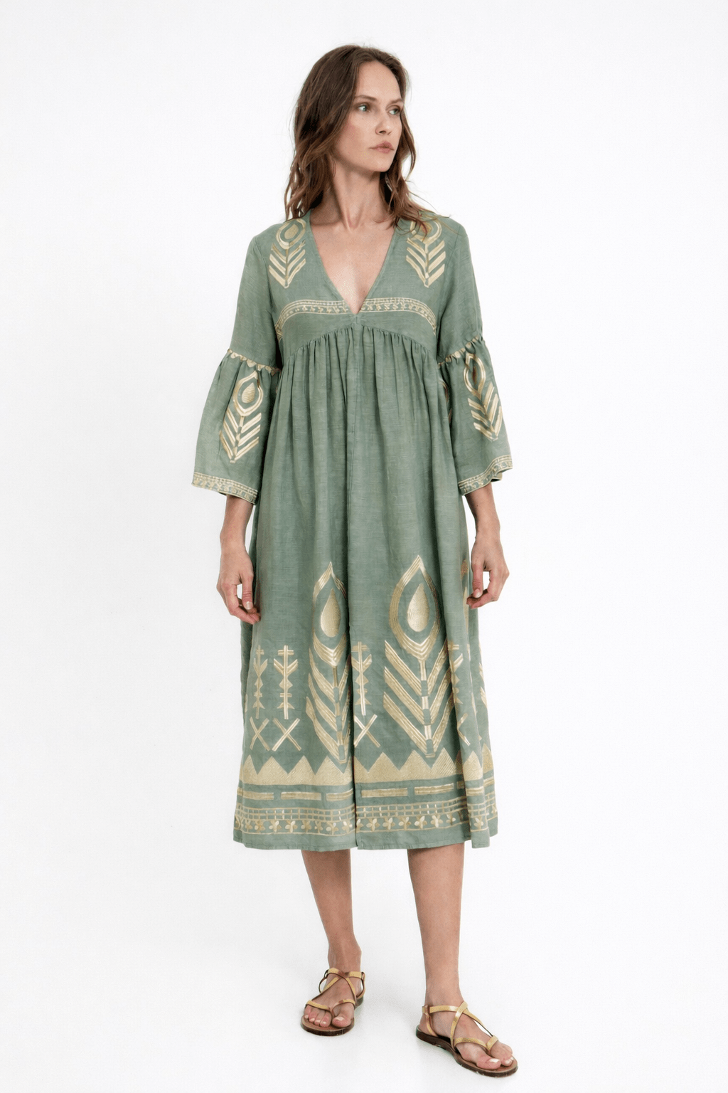 Greek Archaic Kori Midi Linen Dress | Sage & Gold. Available at Pasha Living