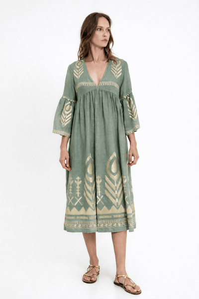 Greek Archaic Kori Midi Linen Dress | Light Grey & Champagne