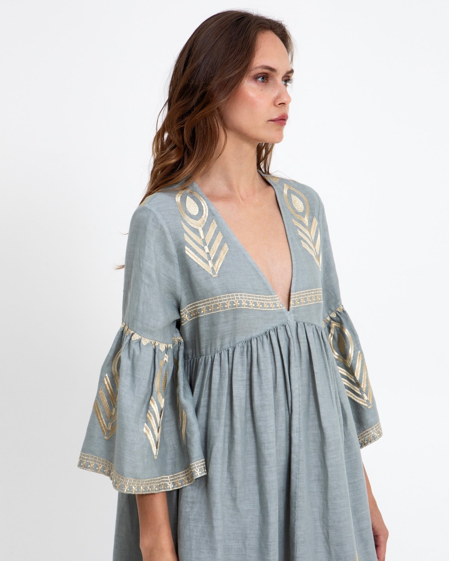 Greek Archaic Kori Midi Linen Dress | Stone & Gold. Available at Pasha Living