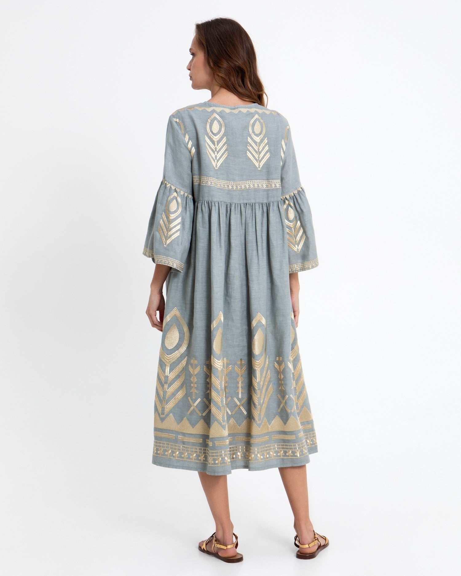 Greek Archaic Kori Midi Linen Dress | Stone & Gold. Available at Pasha Living