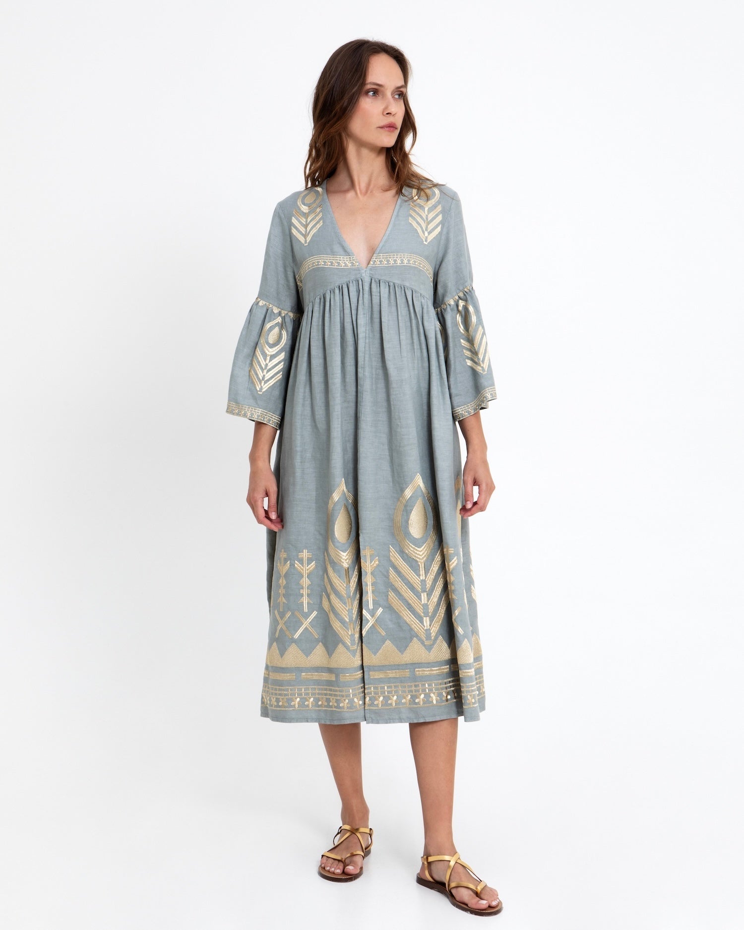 Greek Archaic Kori Midi Linen Dress | Stone & Gold. Available at Pasha Living