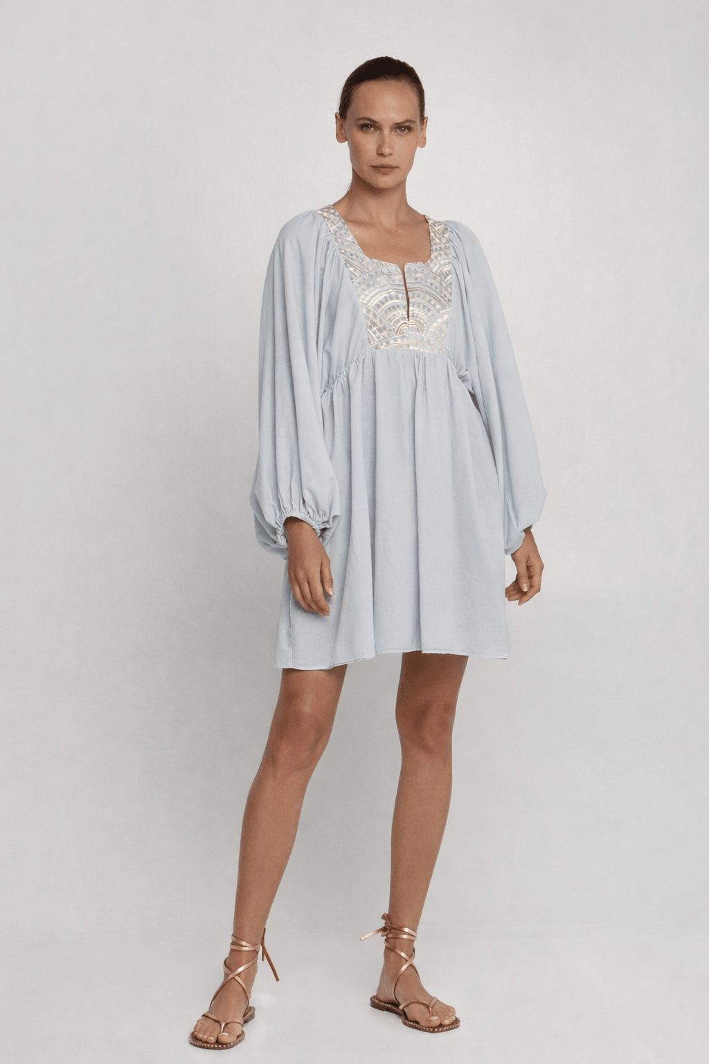 Greek Archaic Kori Mini Dress With Blouson Sleeves | Light Grey & Champagne. Available at Pasha Living