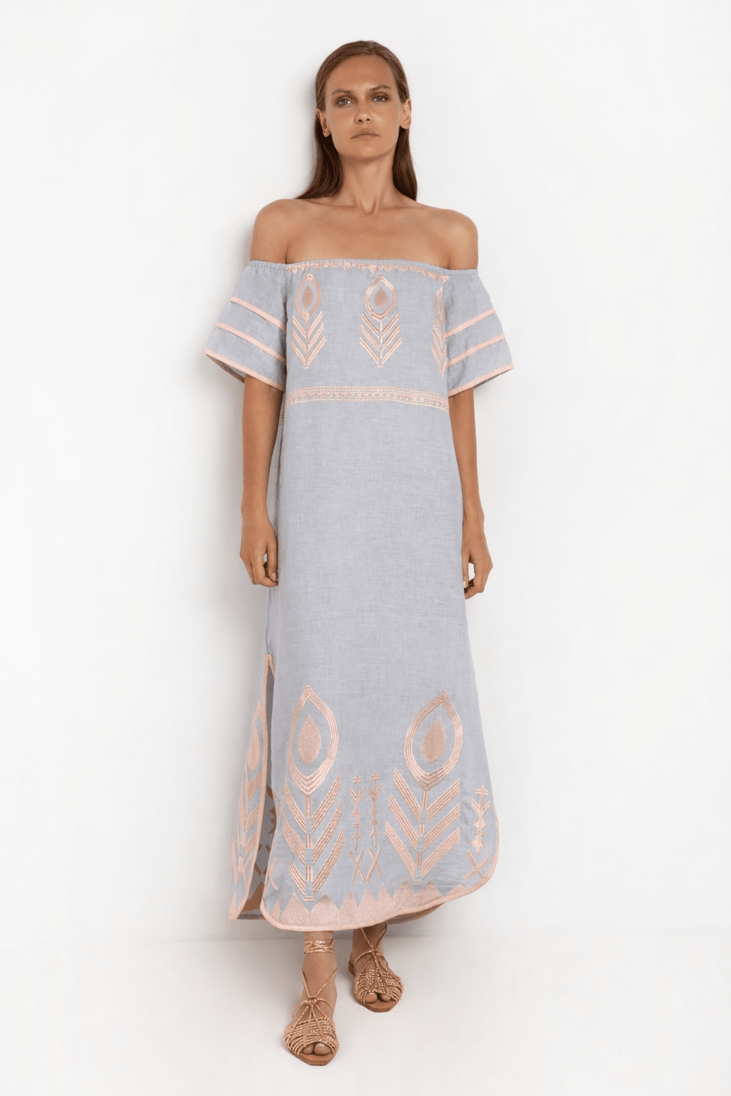 Greek Archaic Kori Off The Shoulder Linen Maxi Dress | Grey & Rose Gold. Available at Pasha Living