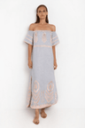 Greek Archaic Kori Off The Shoulder Linen Maxi Dress | Grey & Rose Gold. Available at Pasha Living