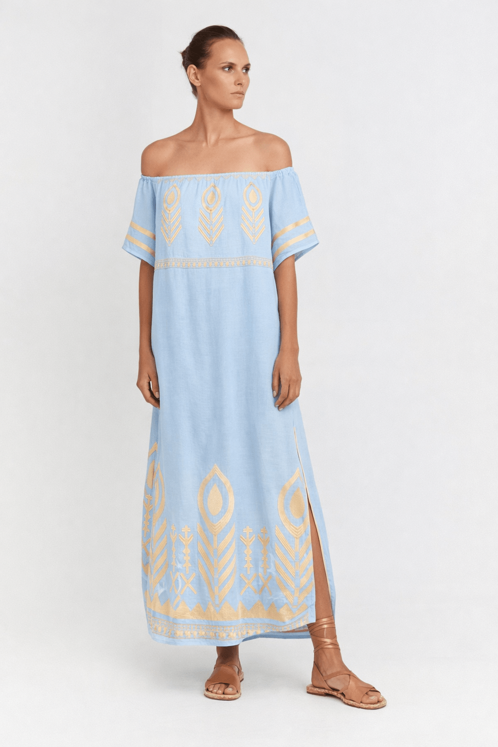 Greek Archaic Kori Off The Shoulder Linen Maxi Dress | Pale Blue & Gold. Available at Pasha Living