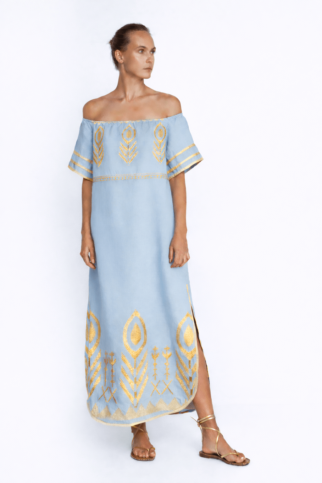 Greek Archaic Kori Off The Shoulder Linen Maxi Dress | Pale Blue & Gold. Available at Pasha Living