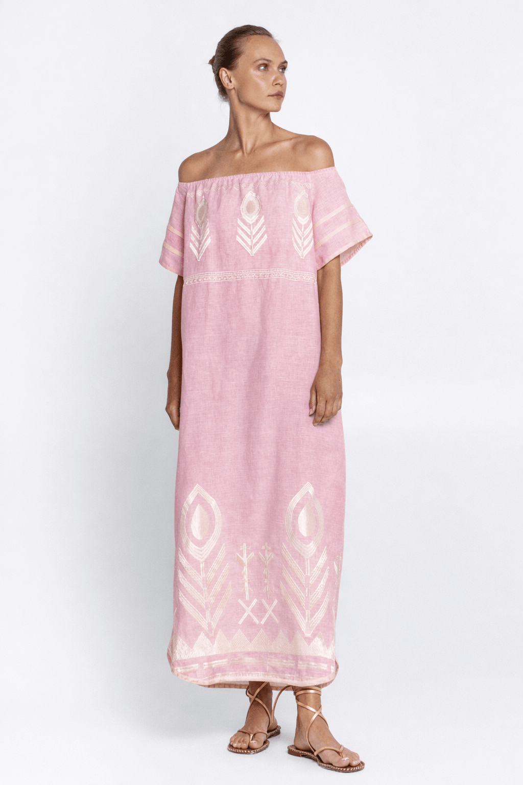 Greek Archaic Kori Off The Shoulder Linen Maxi Dress | Pink & Champagne. Available at Pasha Living