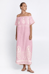 Greek Archaic Kori Off The Shoulder Linen Maxi Dress | Pink & Champagne. Available at Pasha Living