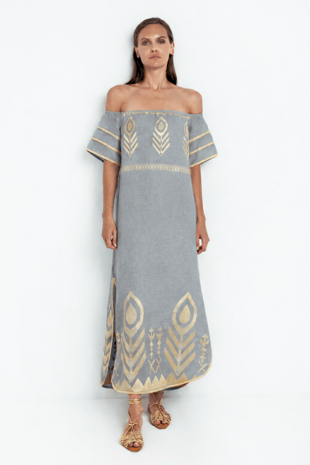 Greek Archaic Kori Off The Shoulder Linen Maxi Dress | Stone & Gold. Available at Pasha Living