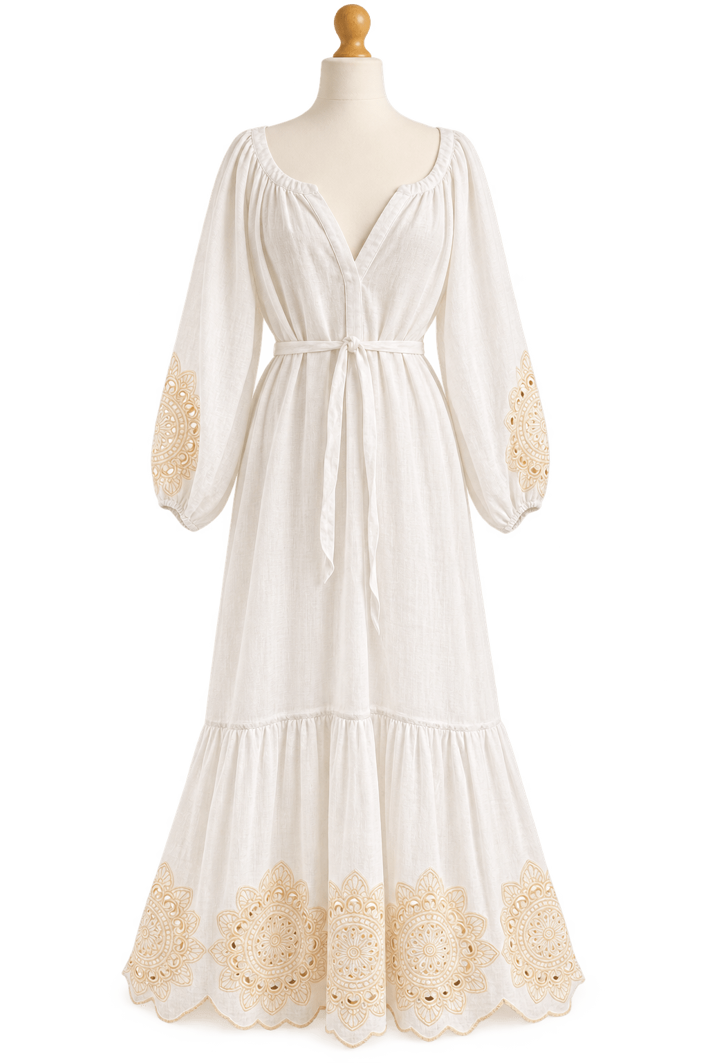 Greek Archaic Kori Pre-Loved Greek Archaic Kori Linen Embroidered Maxi Dress, Size M. Available at Pasha Living