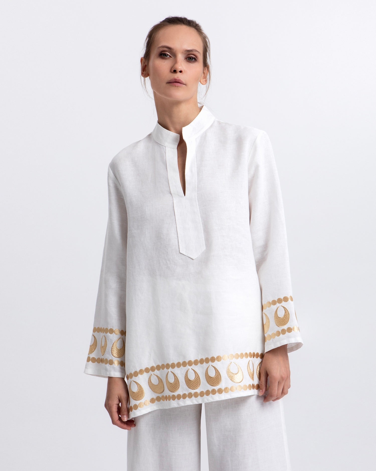 Greek Archaic Kori Selene Long Sleeve Tunic | White & Gold. Available at Pasha Living