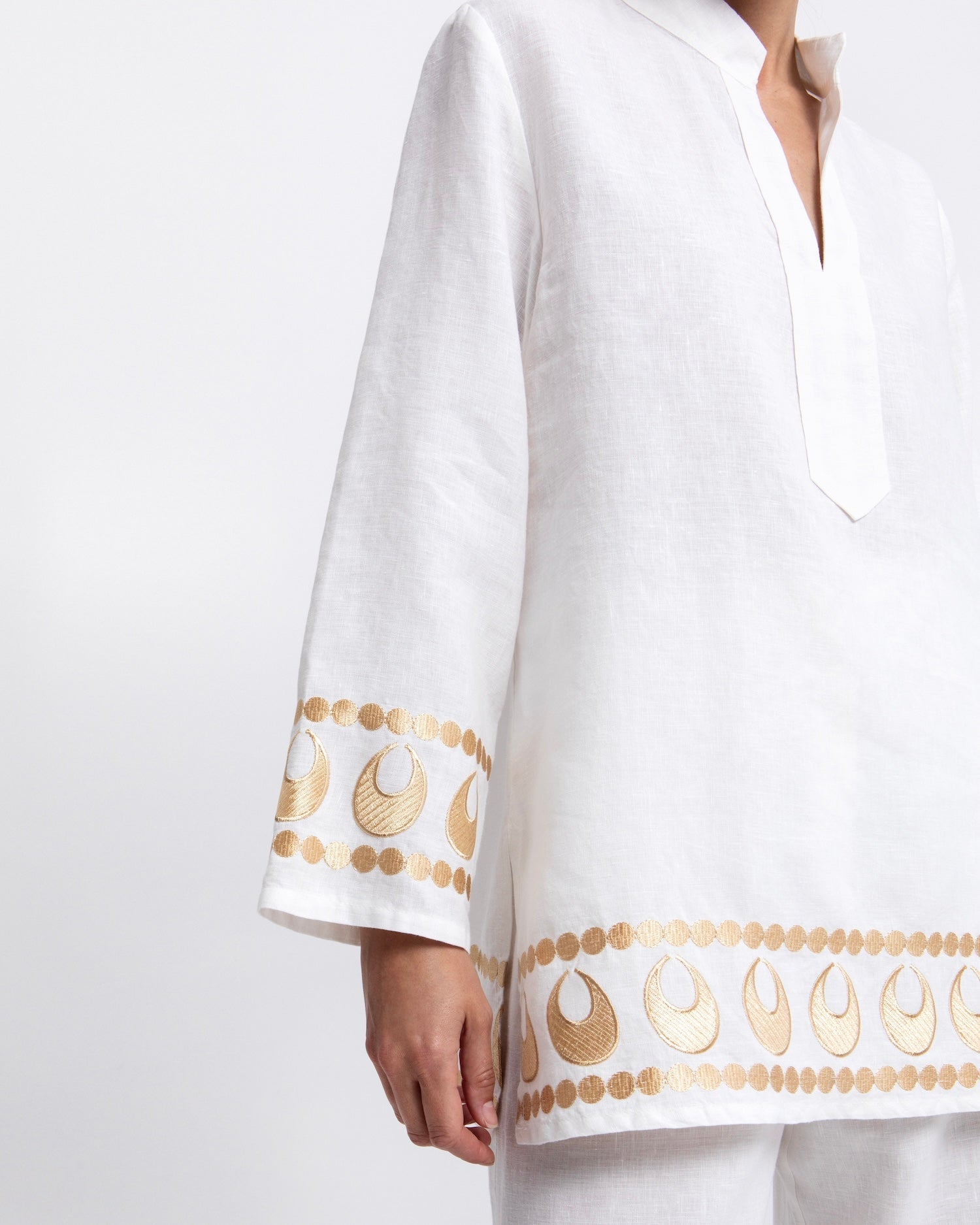 Greek Archaic Kori Selene Long Sleeve Tunic | White & Gold. Available at Pasha Living