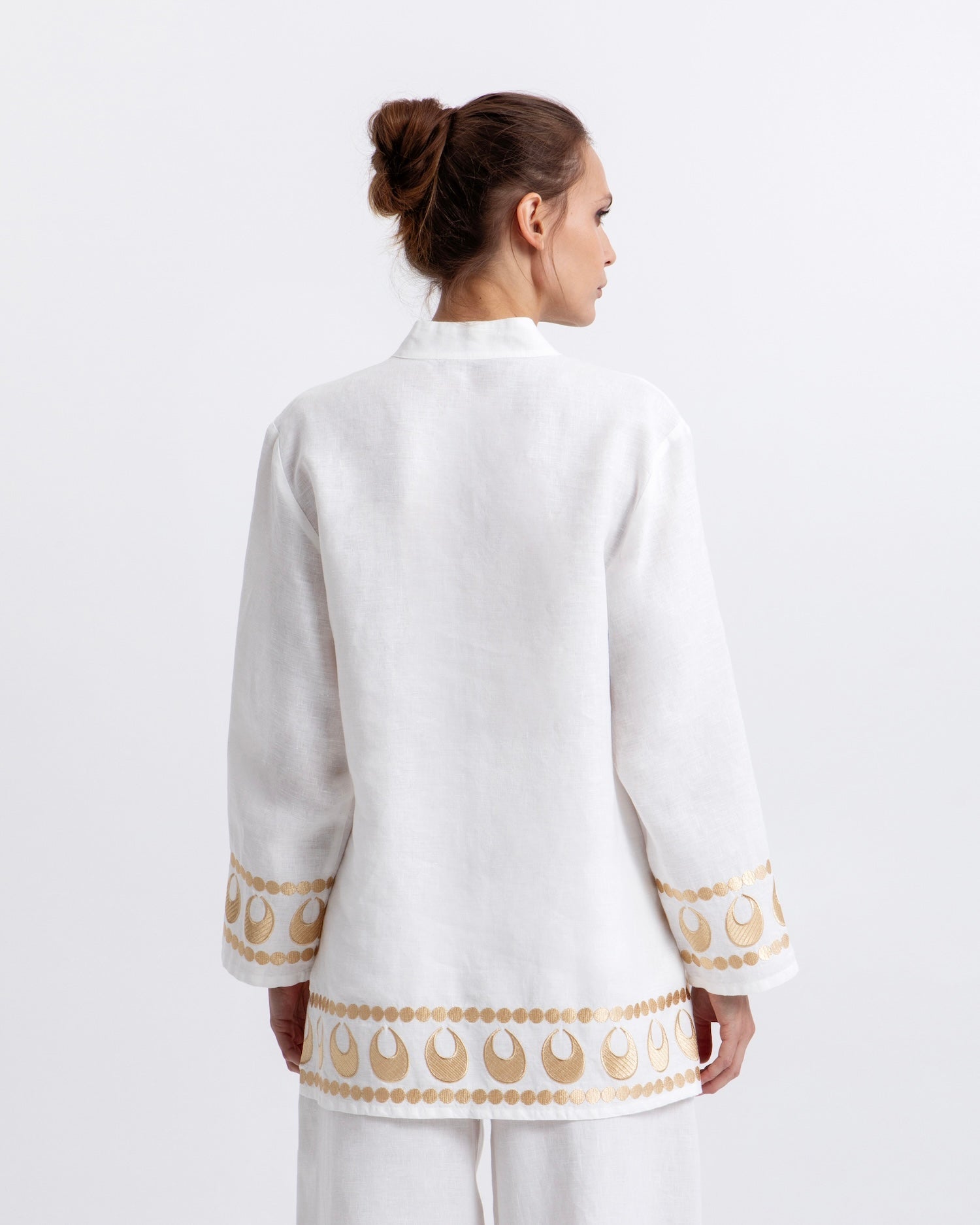 Greek Archaic Kori Selene Long Sleeve Tunic | White & Gold. Available at Pasha Living