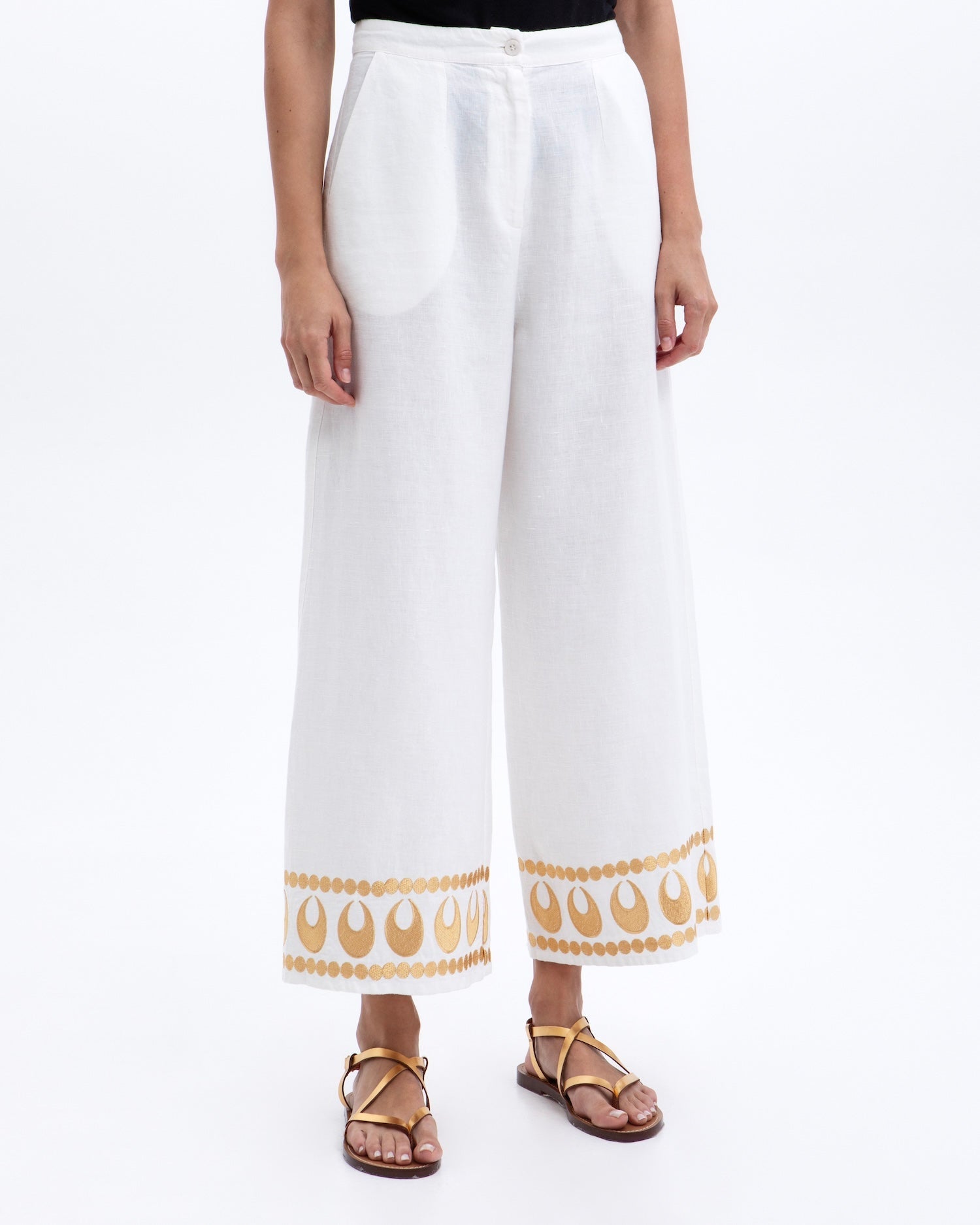 Greek Archaic Kori Selene Pants | White & Gold. Available at Pasha Living