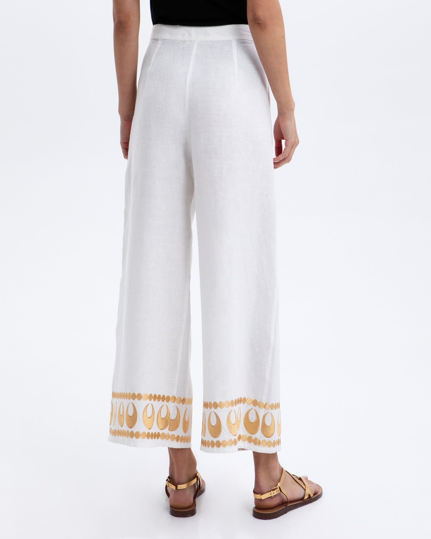 Greek Archaic Kori Selene Pants | White & Gold. Available at Pasha Living