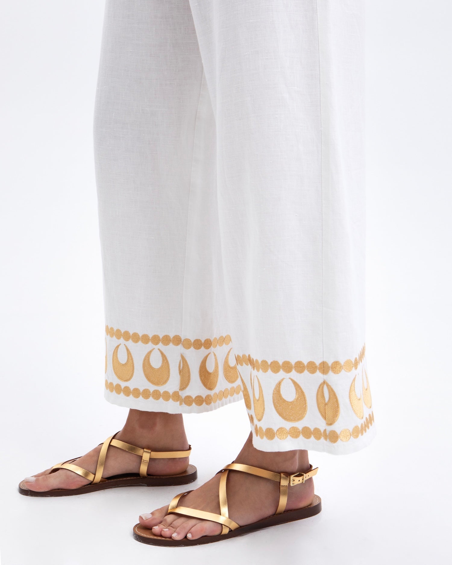 Greek Archaic Kori Selene Pants | White & Gold. Available at Pasha Living