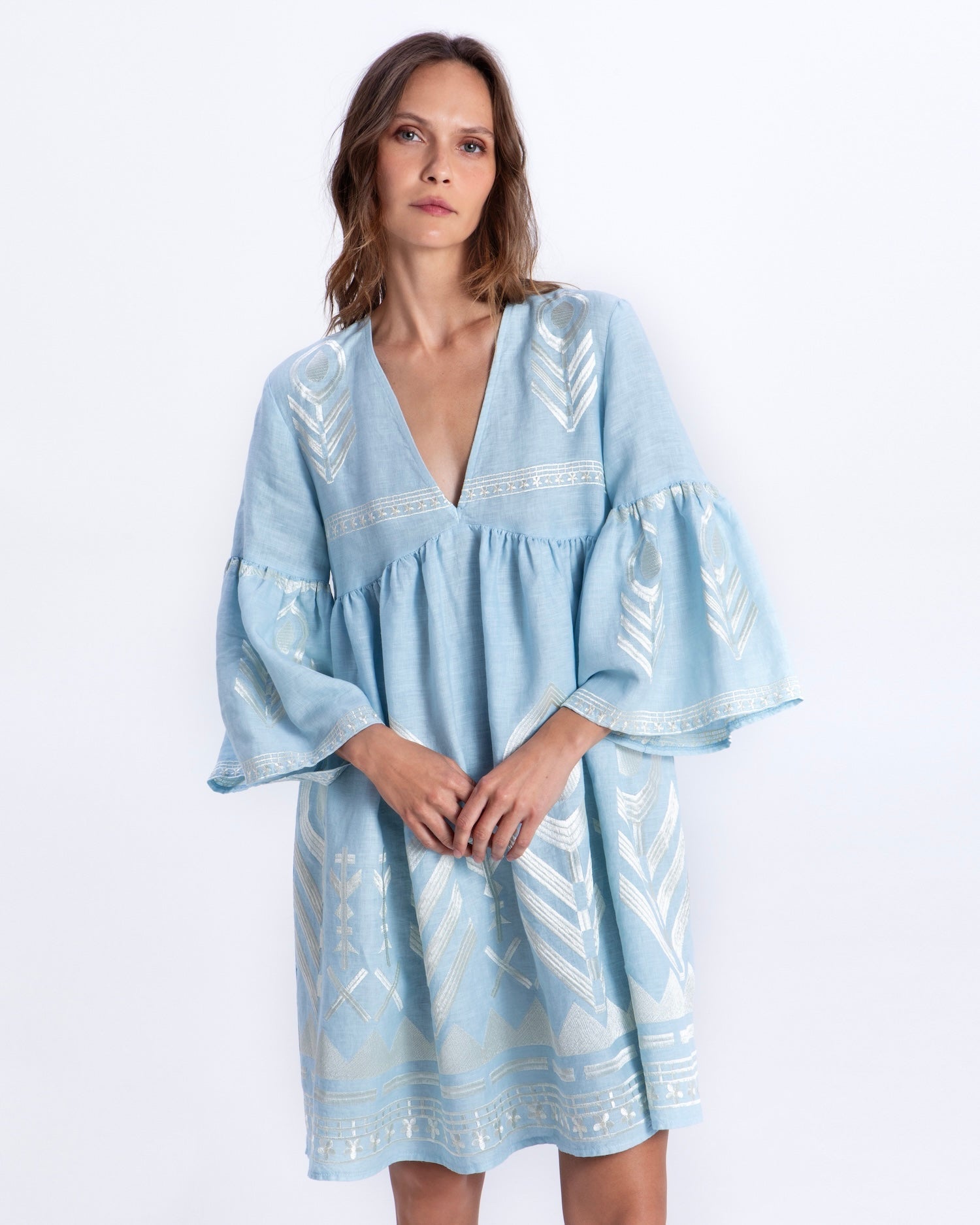 Greek Archaic Kori Short Feather Bell Sleeve Dress | Ciel & Champagne. Available at Pasha Living
