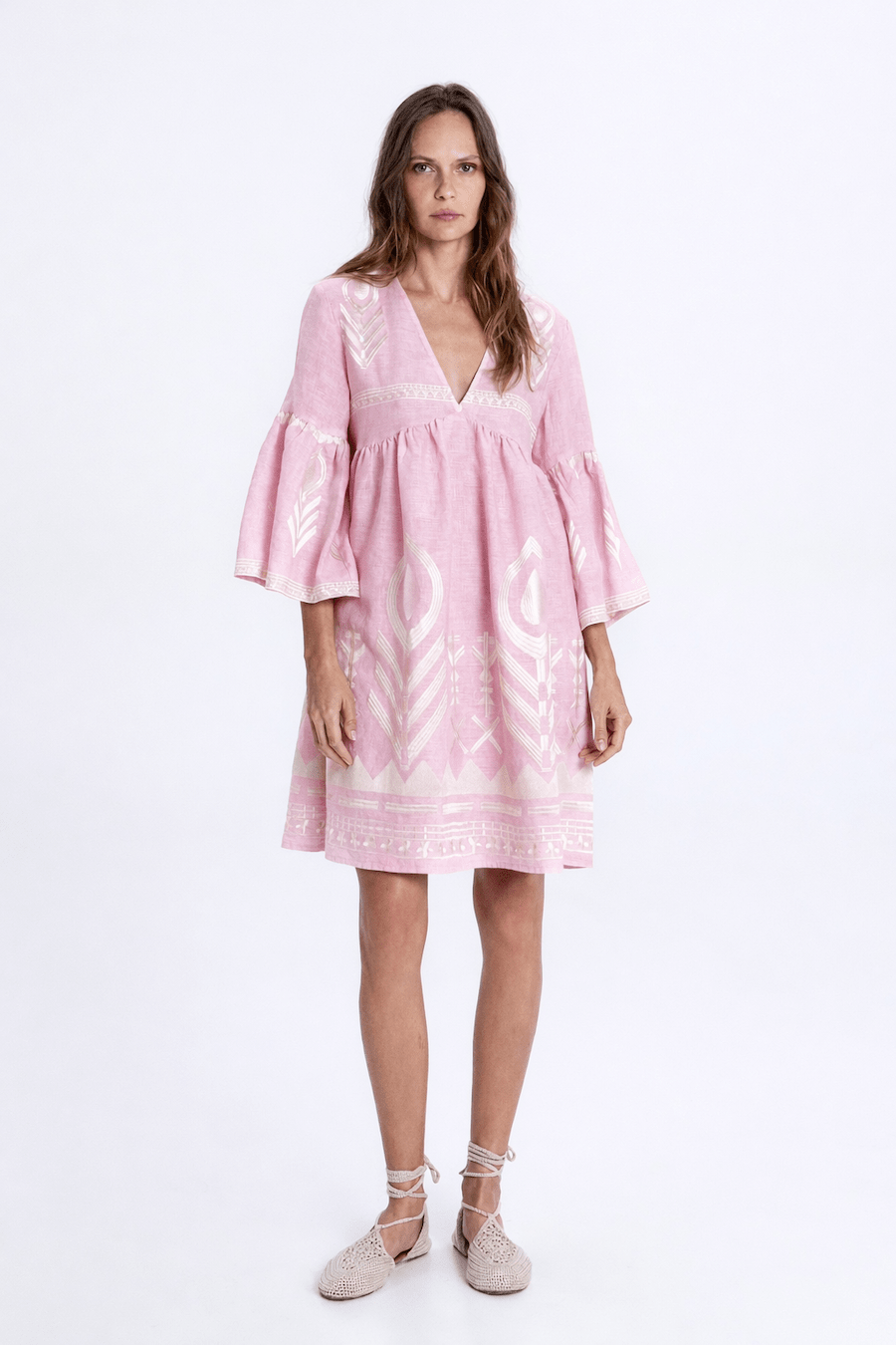 Greek Archaic Kori Short Feather Bell Sleeve Dress | Pink & Champagne. Available at Pasha Living