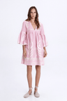 Greek Archaic Kori Short Feather Bell Sleeve Dress | Pink & Champagne. Available at Pasha Living