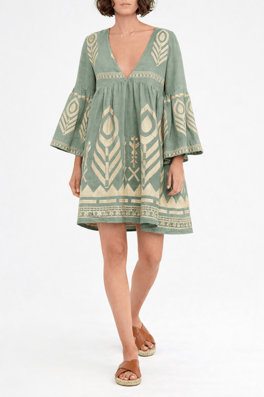 Greek Archaic Kori Short Feather Bell Sleeve Dress | Sage & Gold. Available at Pasha Living