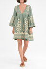 Greek Archaic Kori Short Feather Bell Sleeve Dress | Sage & Gold. Available at Pasha Living
