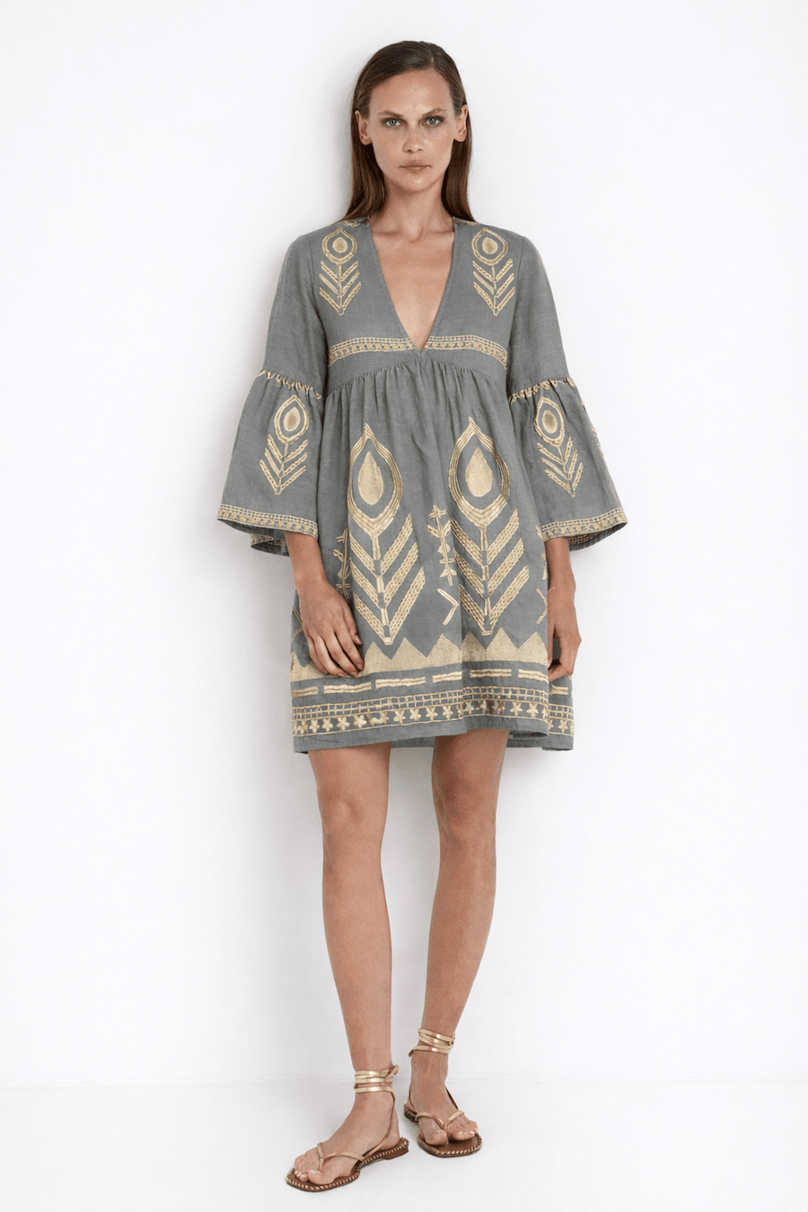 Greek Archaic Kori Short Feather Bell Sleeve Dress | Stone & Gold. Available at Pasha Living