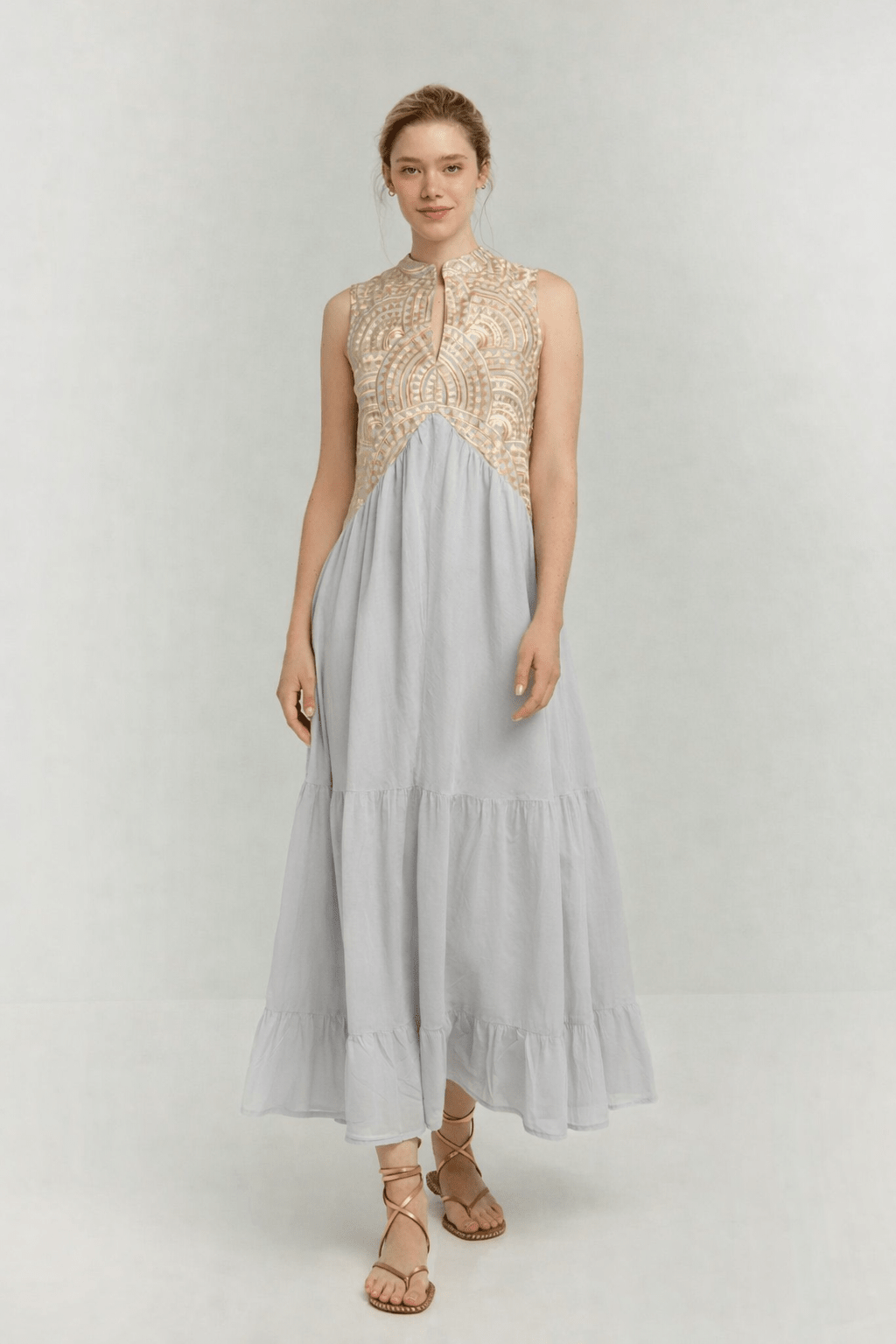 Greek Archaic Kori Sleeveless Voile Maxi Dress | Light Grey & Gold. Available at Pasha Living
