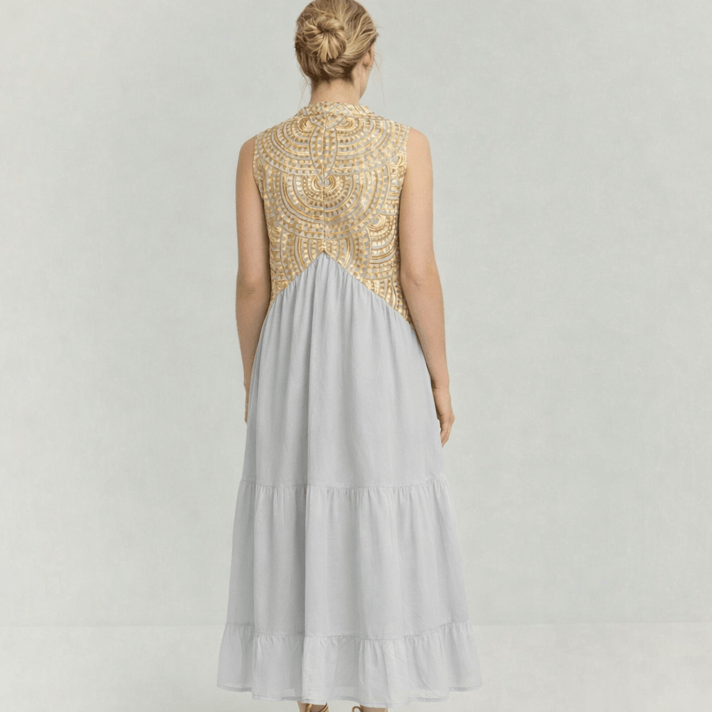 Greek Archaic Kori Sleeveless Voile Maxi Dress | Light Grey & Gold. Available at Pasha Living