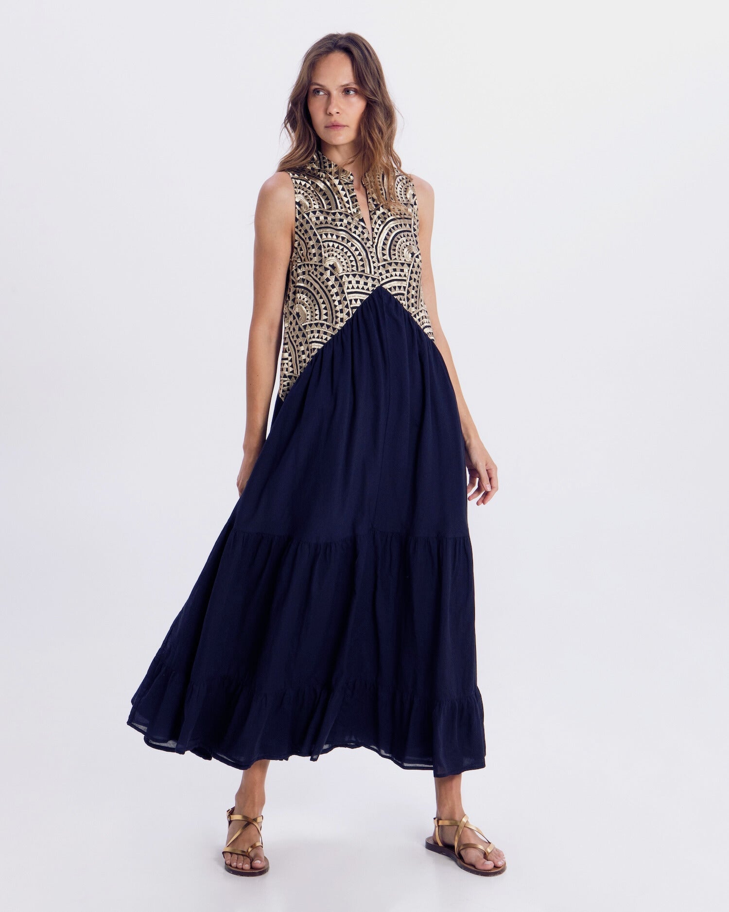 Greek Archaic Kori Sleeveless Voile Maxi Dress | Navy & Gold. Available at Pasha Living