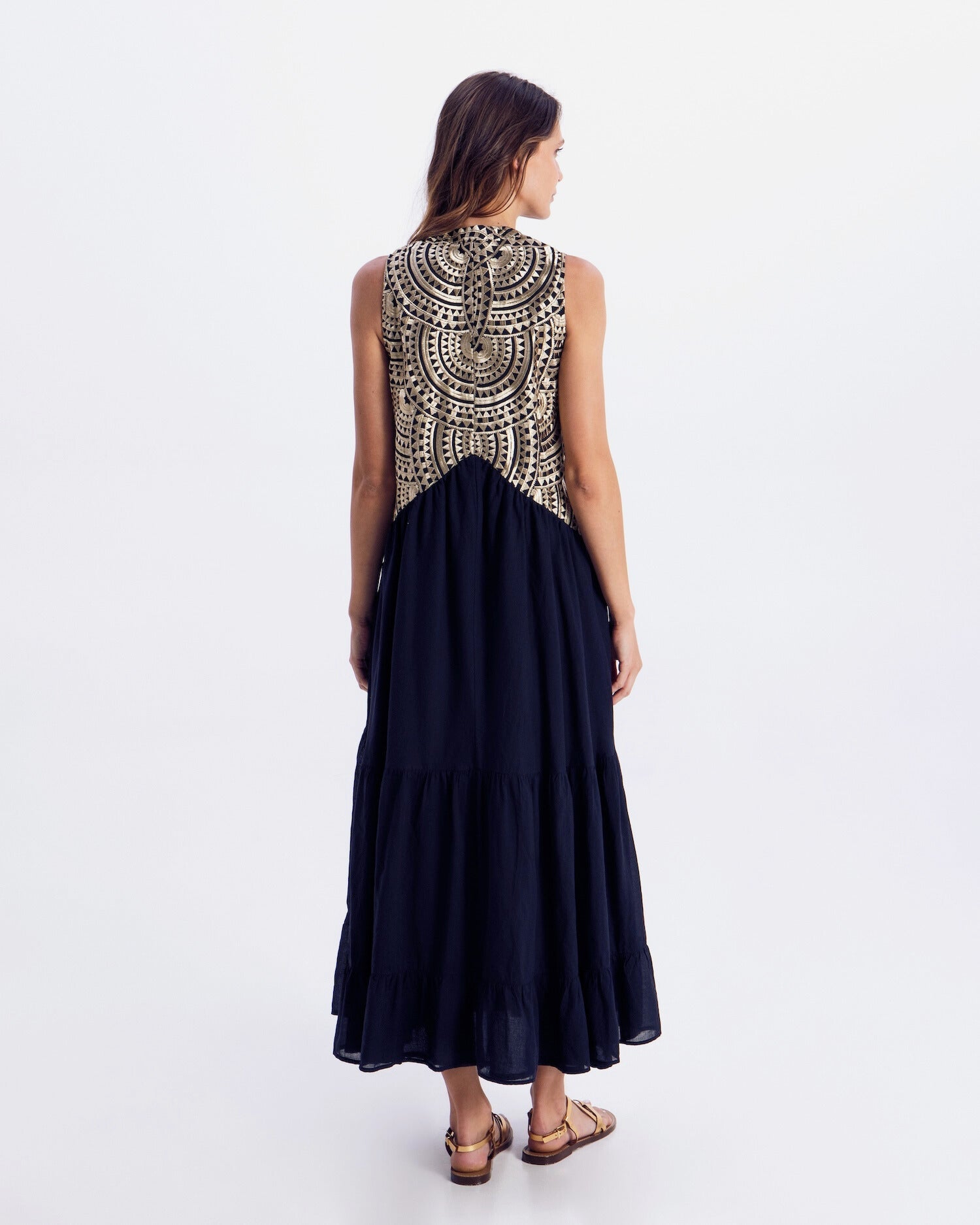 Greek Archaic Kori Sleeveless Voile Maxi Dress | Navy & Gold. Available at Pasha Living