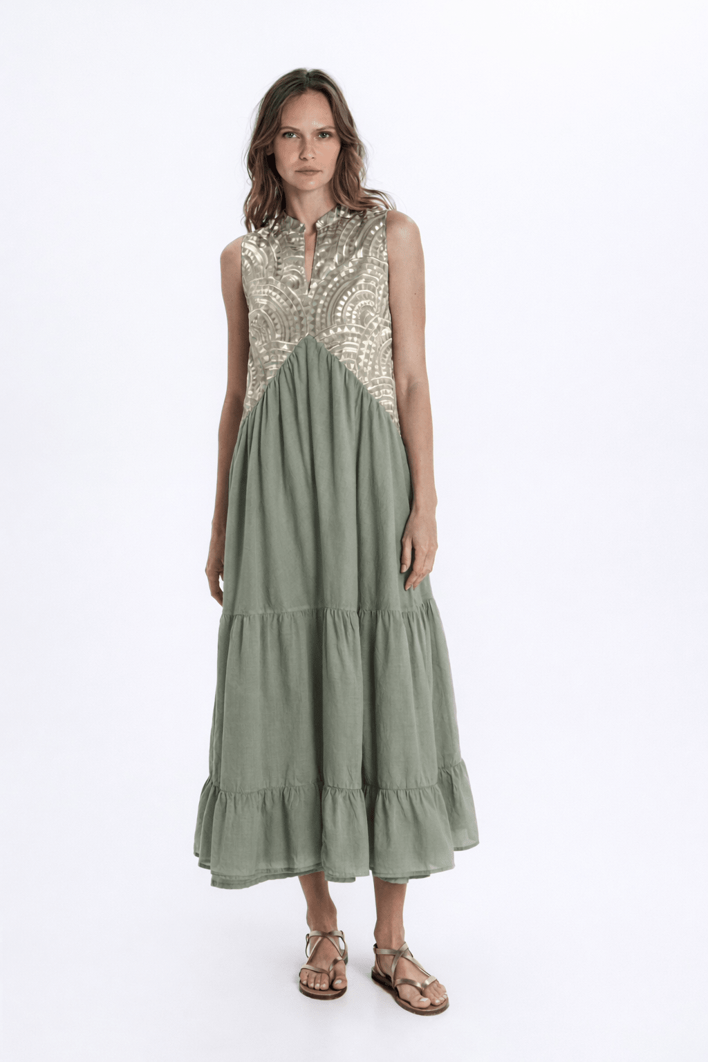 Greek Archaic Kori Sleeveless Voile Maxi Dress | Sage & Gold. Available at Pasha Living