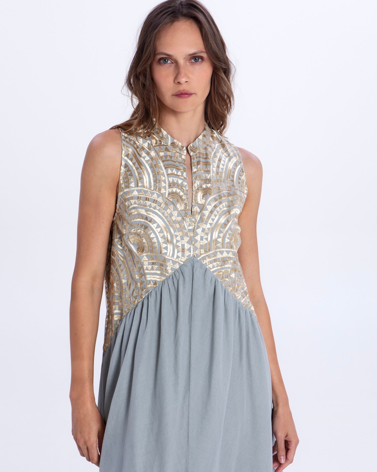 Greek Archaic Kori Sleeveless Voile Maxi Dress | Stone & Gold. Available at Pasha Living